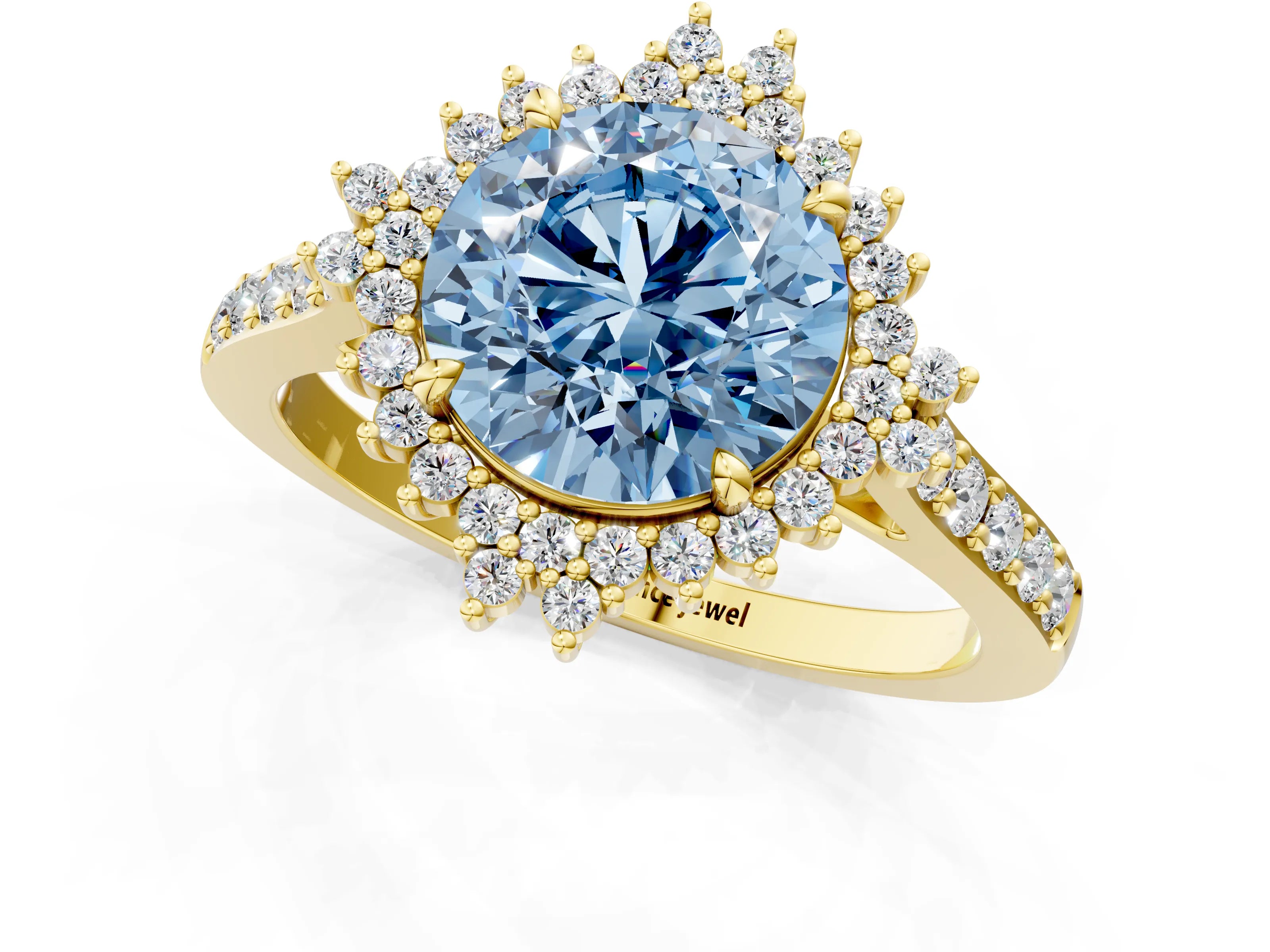 Yellow gold Fancy Blue Round Cut Cut Diamond Sunburst Halo Engagement Ring with Pavé Band_1