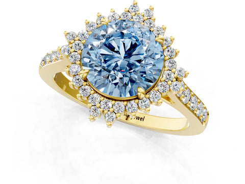 Yellow gold Fancy Blue Round Cut Cut Diamond Sunburst Halo Engagement Ring with Pavé Band_1
