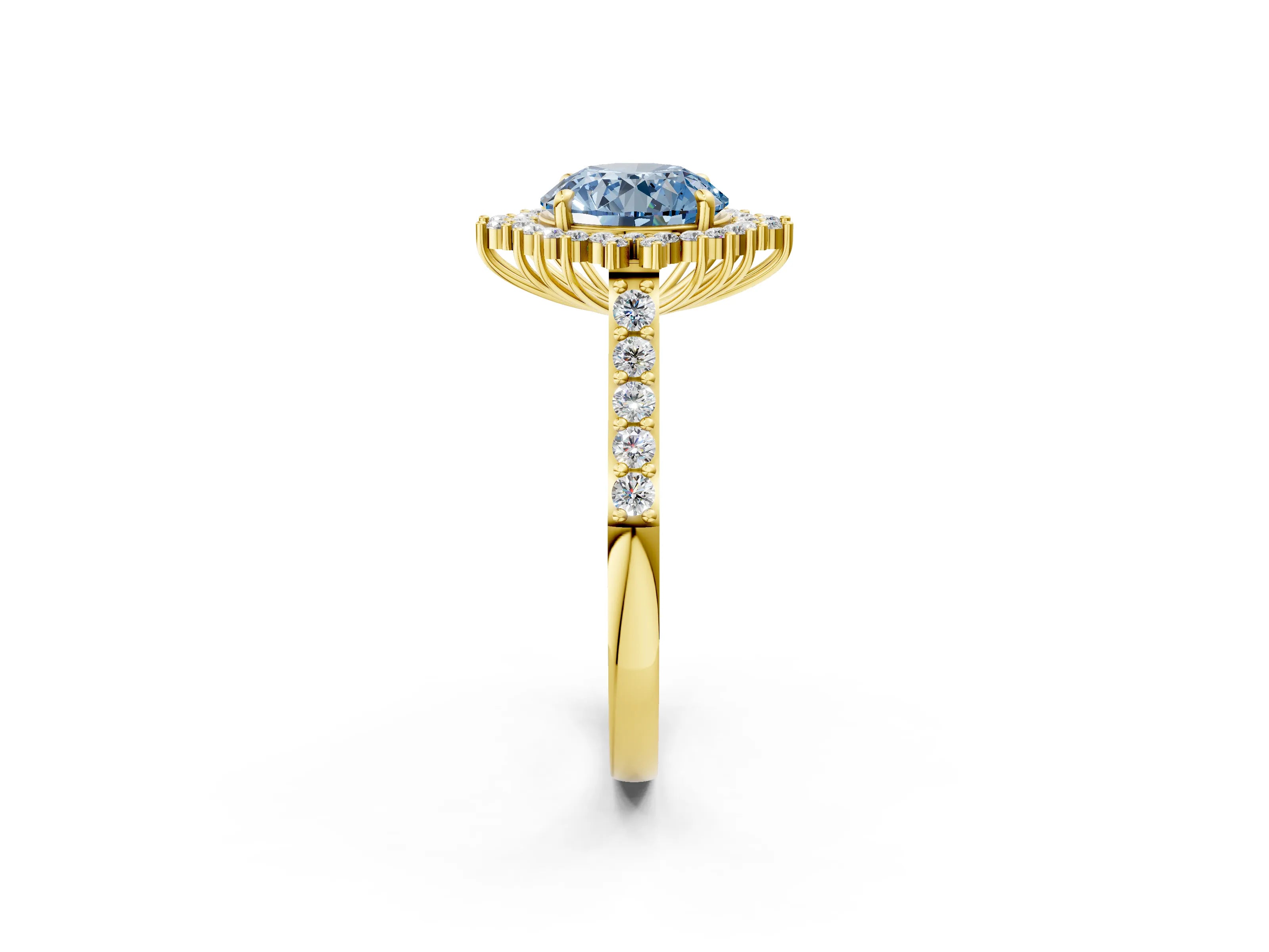 Yellow gold Fancy Blue Round Cut Cut Diamond Sunburst Halo Engagement Ring with Pavé Band_2