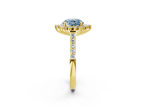 Yellow gold Fancy Blue Round Cut Cut Diamond Sunburst Halo Engagement Ring with Pavé Band_2