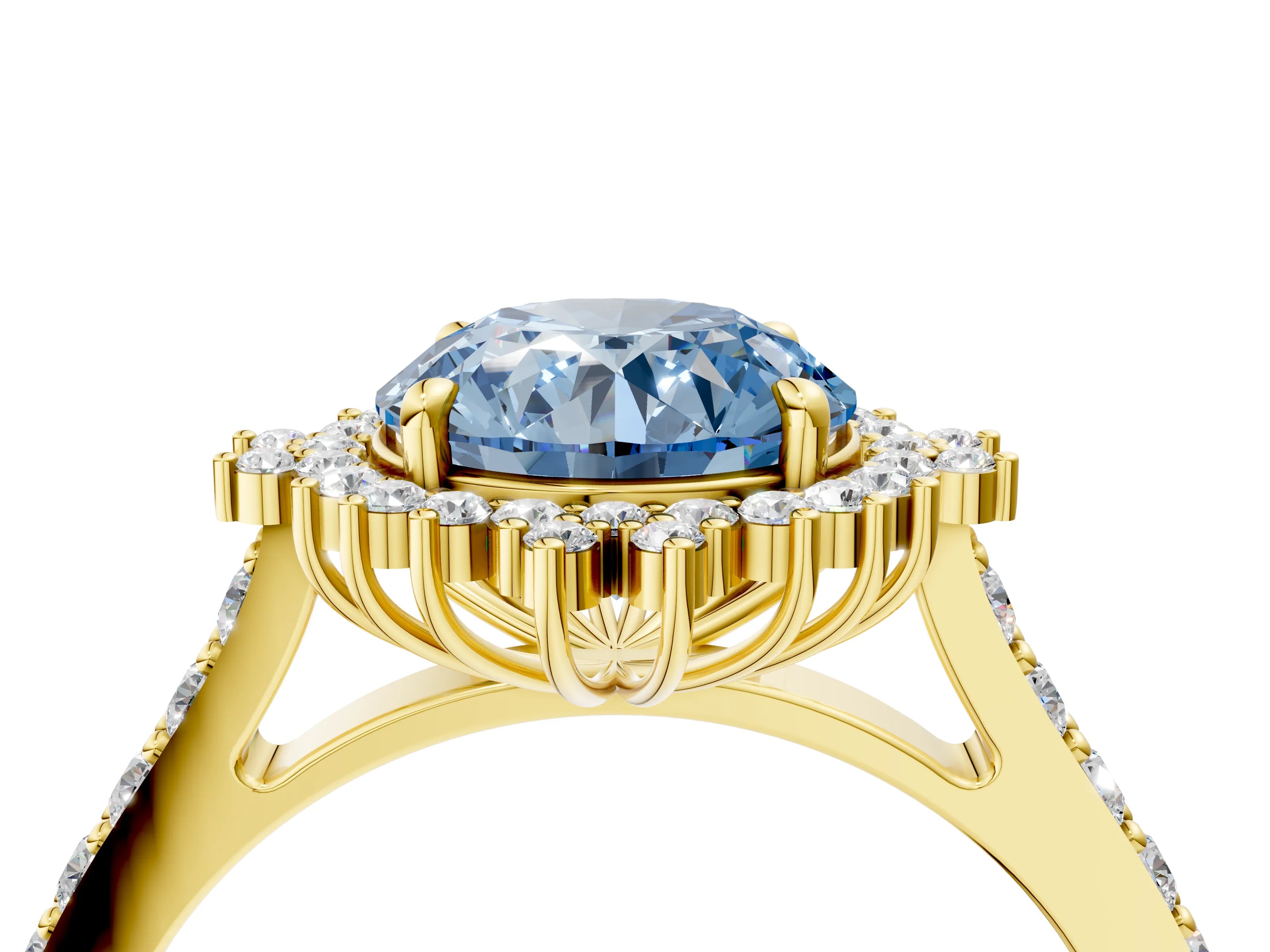Yellow gold Fancy Blue Round Cut Cut Diamond Sunburst Halo Engagement Ring with Pavé Band_4