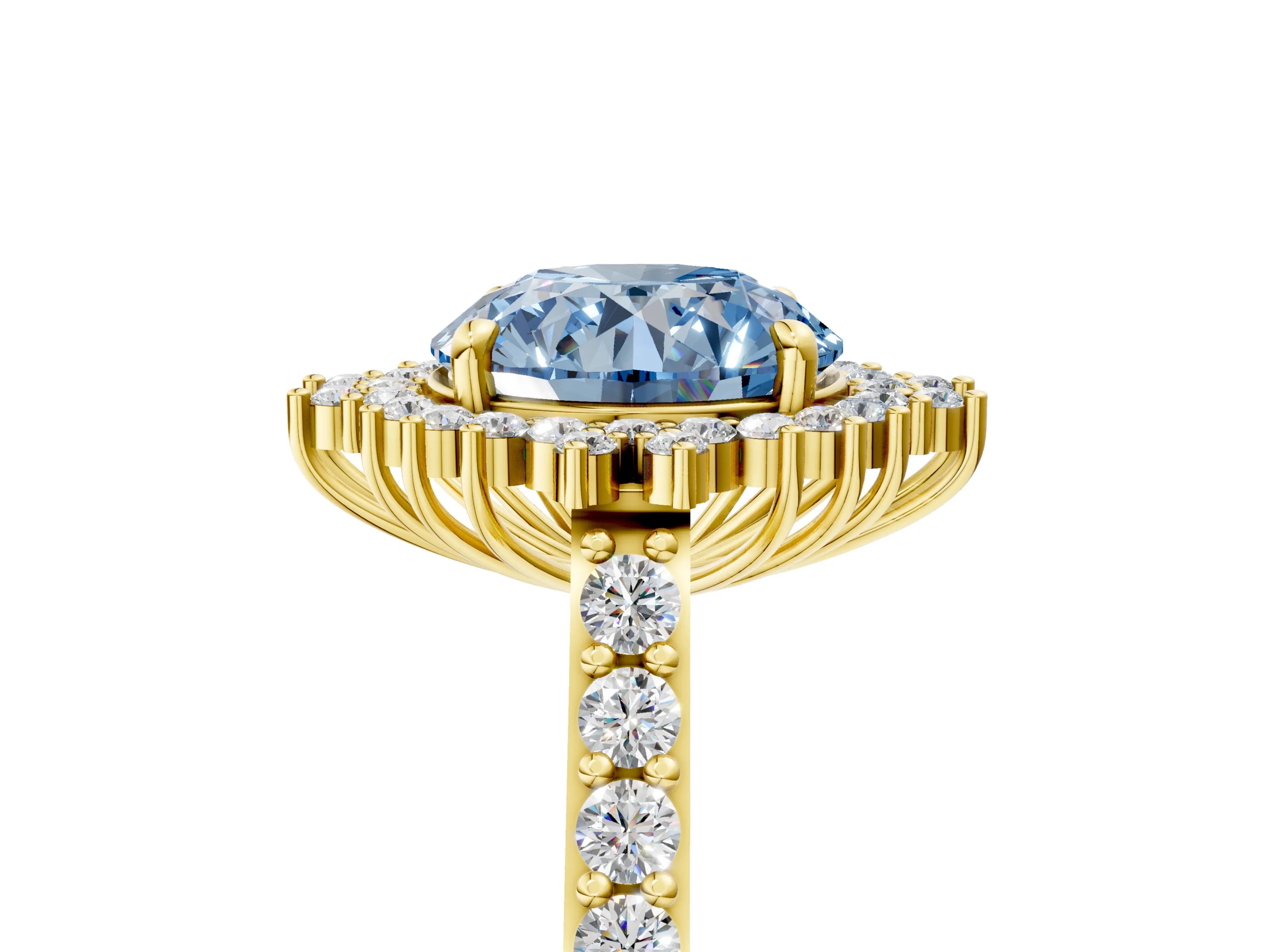 Yellow gold Fancy Blue Round Cut Cut Diamond Sunburst Halo Engagement Ring with Pavé Band_5