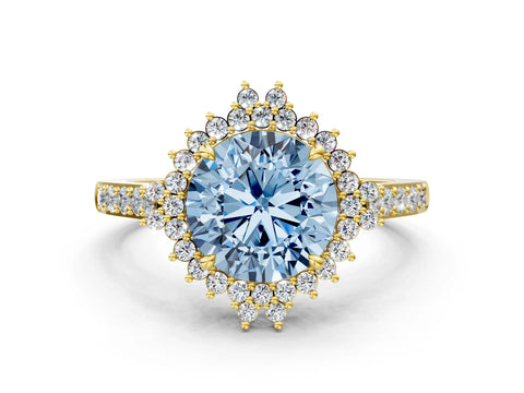 Yellow gold Fancy Blue Round Cut Cut Diamond Sunburst Halo Engagement Ring with Pavé Band