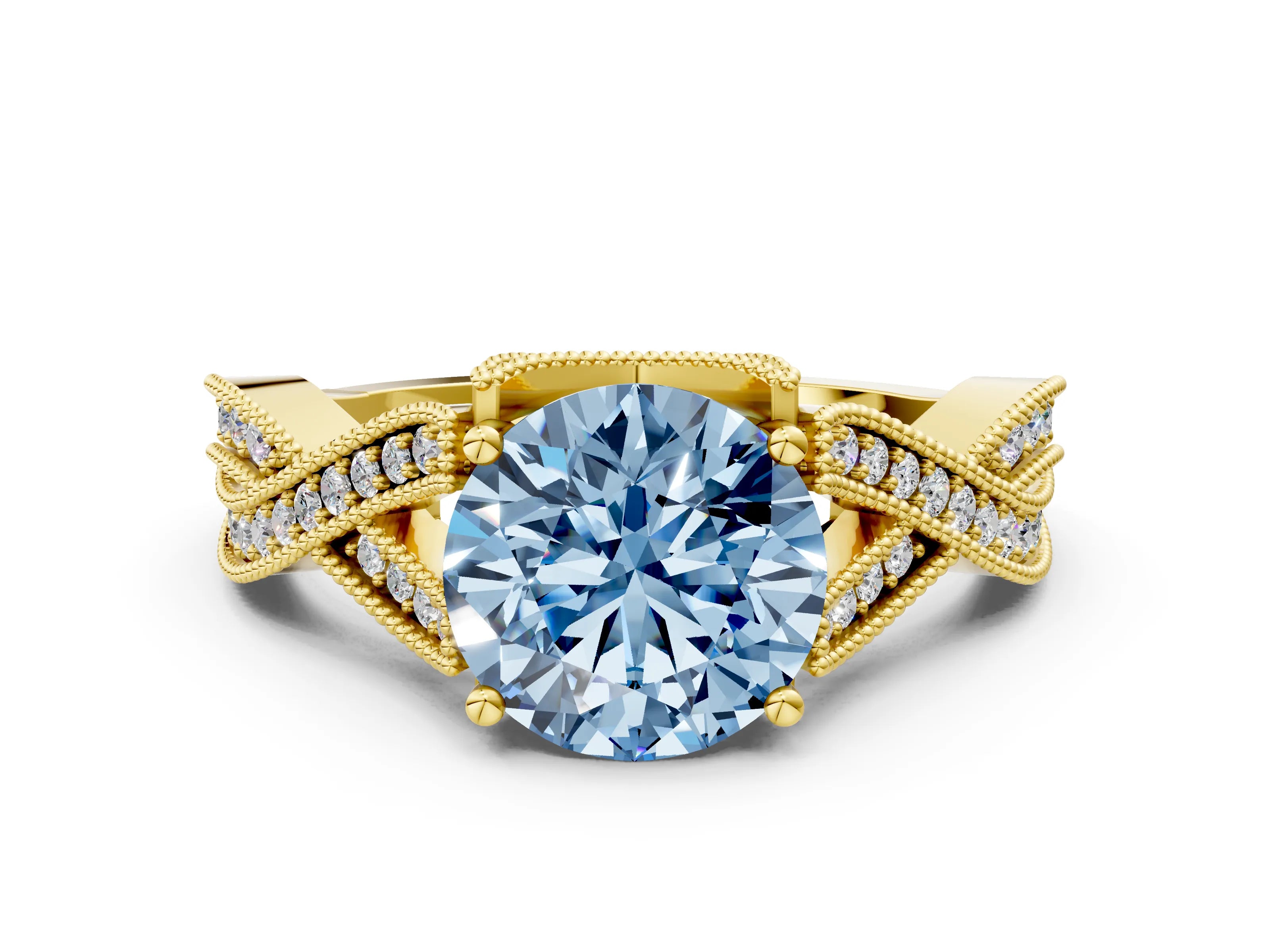 Yellow gold Fancy Blue Round Cut Cut Diamond Twisted Band with Milgrain Pave Setting and Four-Prong Setting