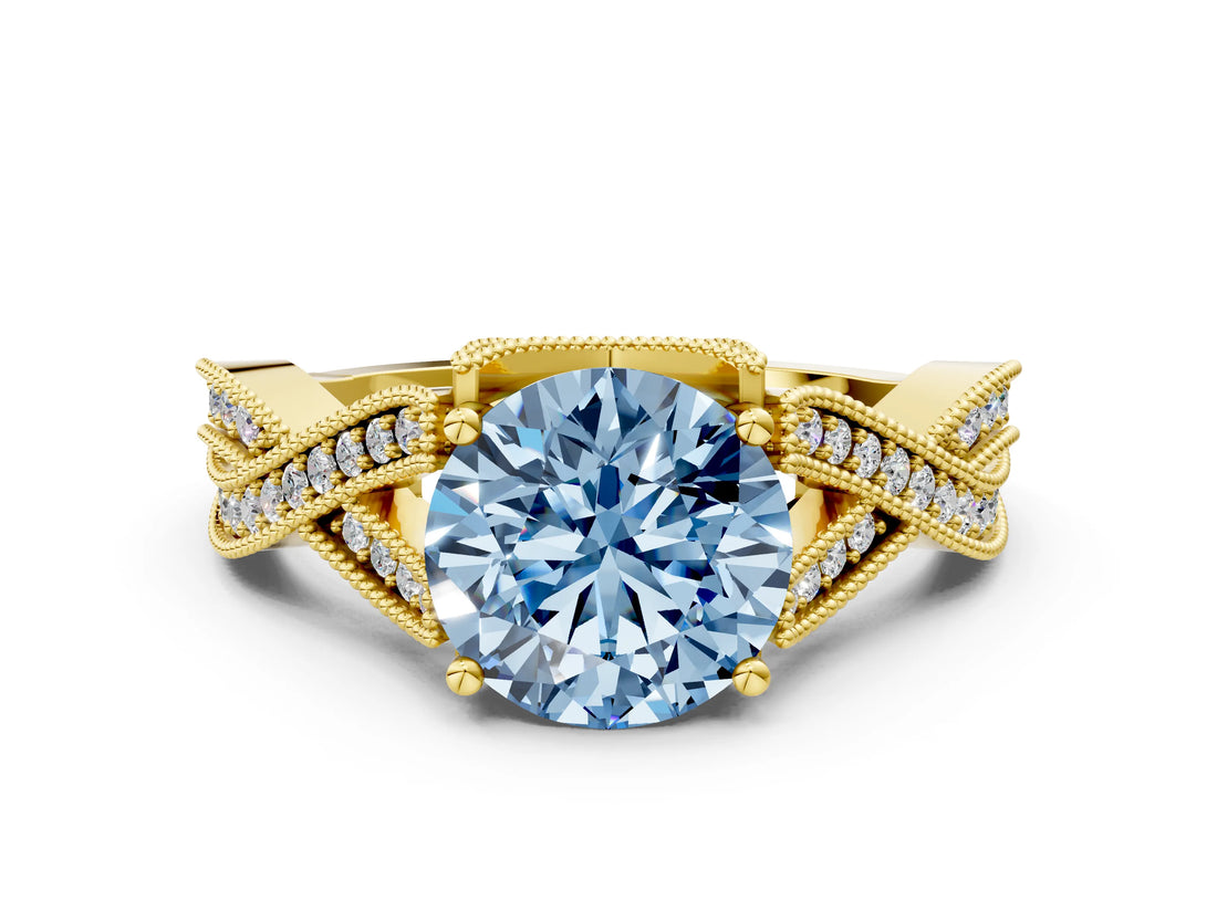Yellow gold Fancy Blue Round Cut Cut Diamond Twisted Band with Milgrain Pave Setting and Four-Prong Setting