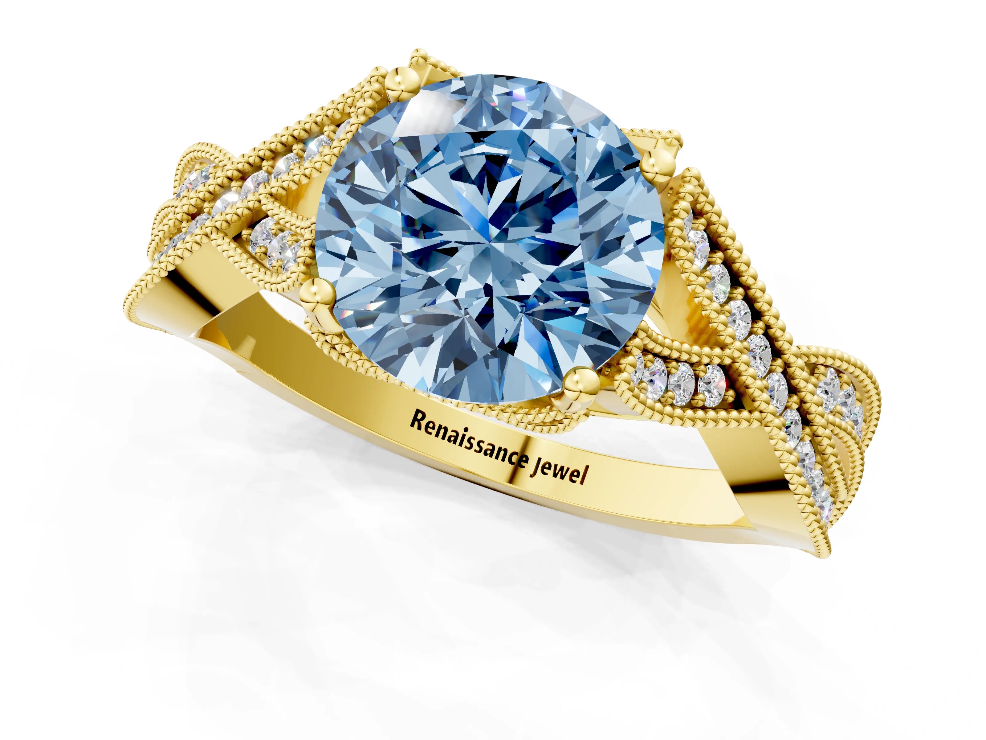 Yellow gold Fancy Blue Round Cut Cut Diamond Twisted Band with Milgrain Pave Setting and Four-Prong Setting_1