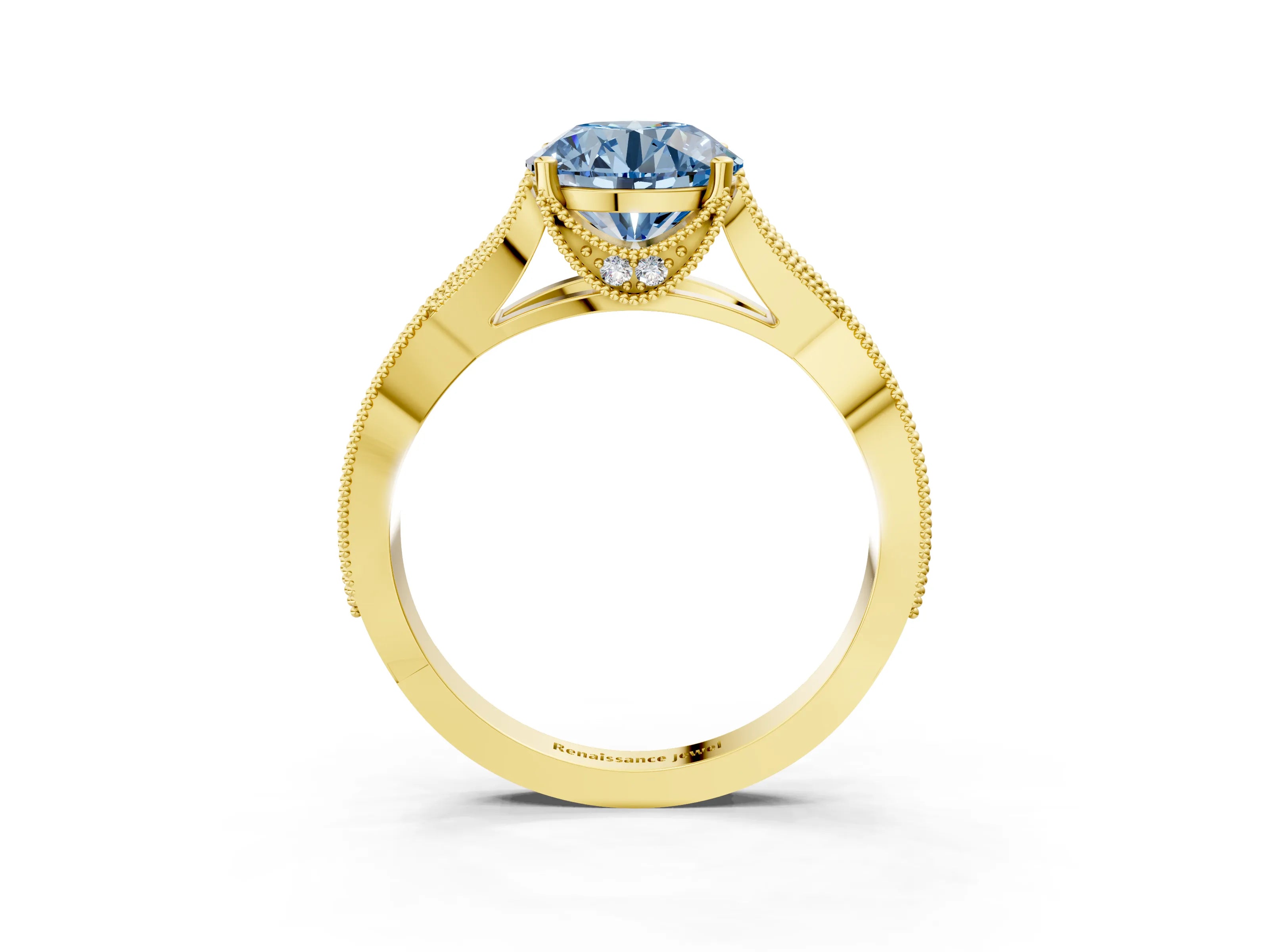 Yellow gold Fancy Blue Round Cut Cut Diamond Twisted Band with Milgrain Pave Setting and Four-Prong Setting_3