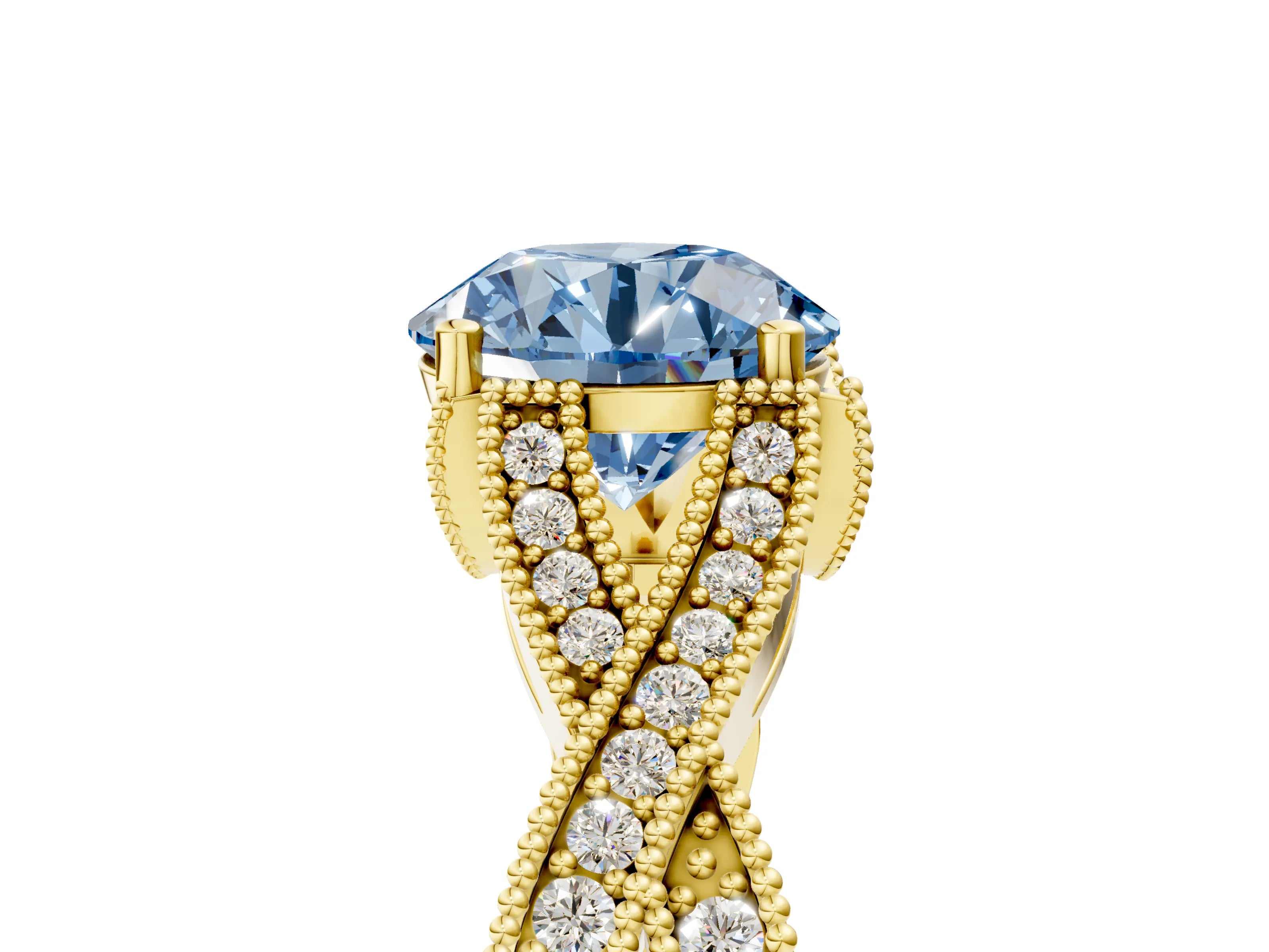 Yellow gold Fancy Blue Round Cut Cut Diamond Twisted Band with Milgrain Pave Setting and Four-Prong Setting_5