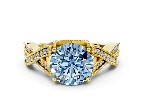 Yellow gold Fancy Blue Round Cut Cut Diamond Twisted Band with Milgrain Pave Setting and Four-Prong Setting