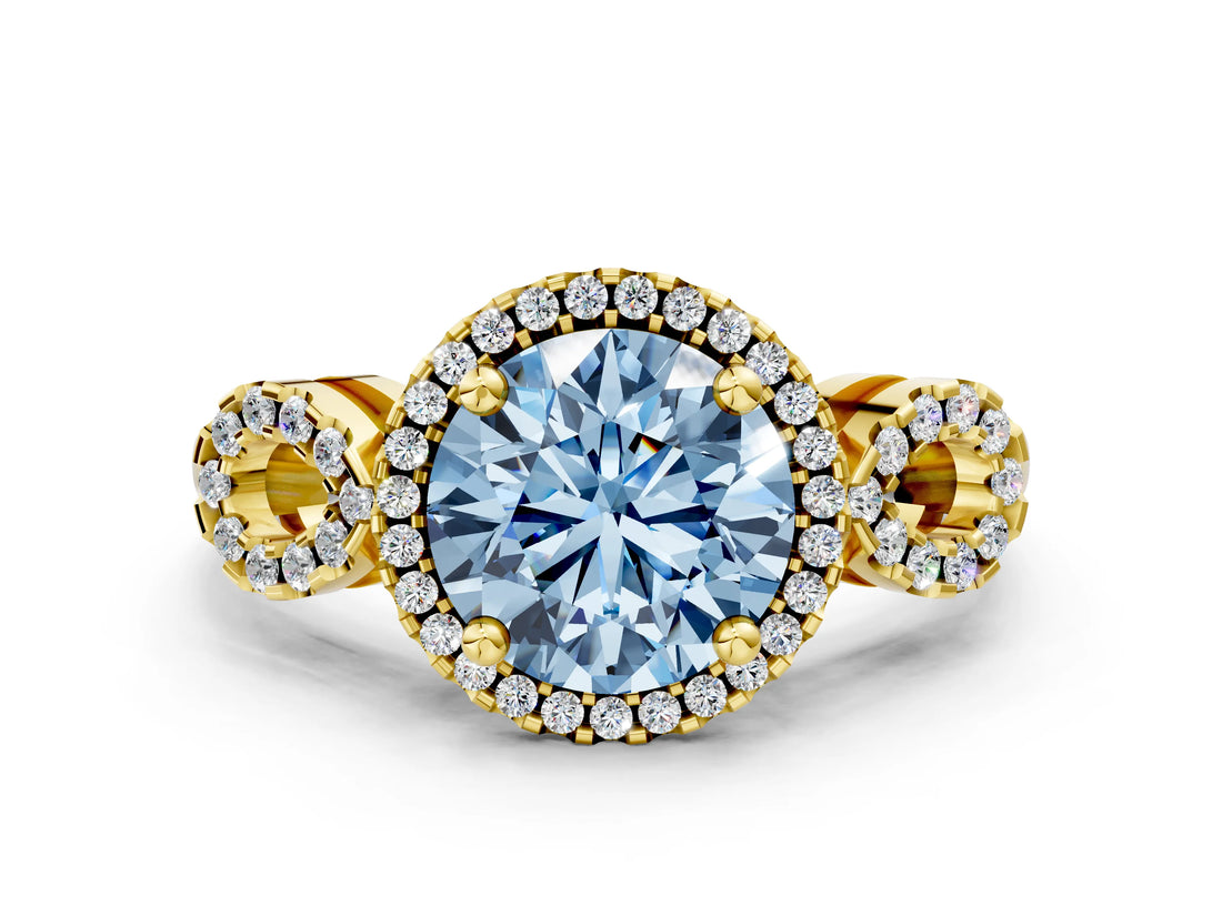 Yellow gold Fancy Blue Round Cut Cut Halo Diamond Infinity Band with Four-Prong Setting