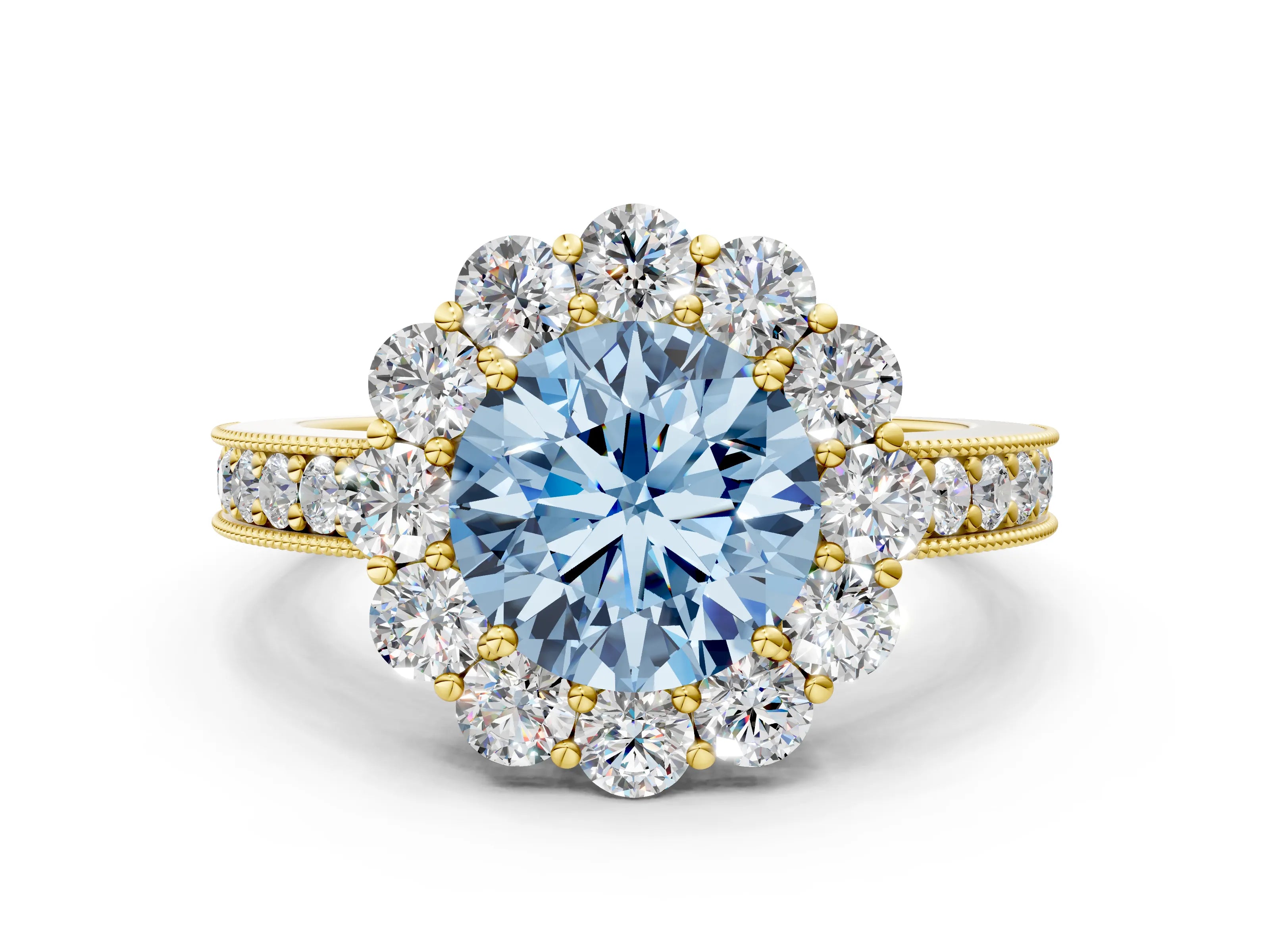 Yellow gold Fancy Blue Round Cut Cut Halo Diamond Pavé Engagement Ring with Milgrain Detailing