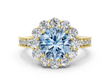 Yellow gold Fancy Blue Round Cut Cut Halo Diamond Pavé Engagement Ring with Milgrain Detailing