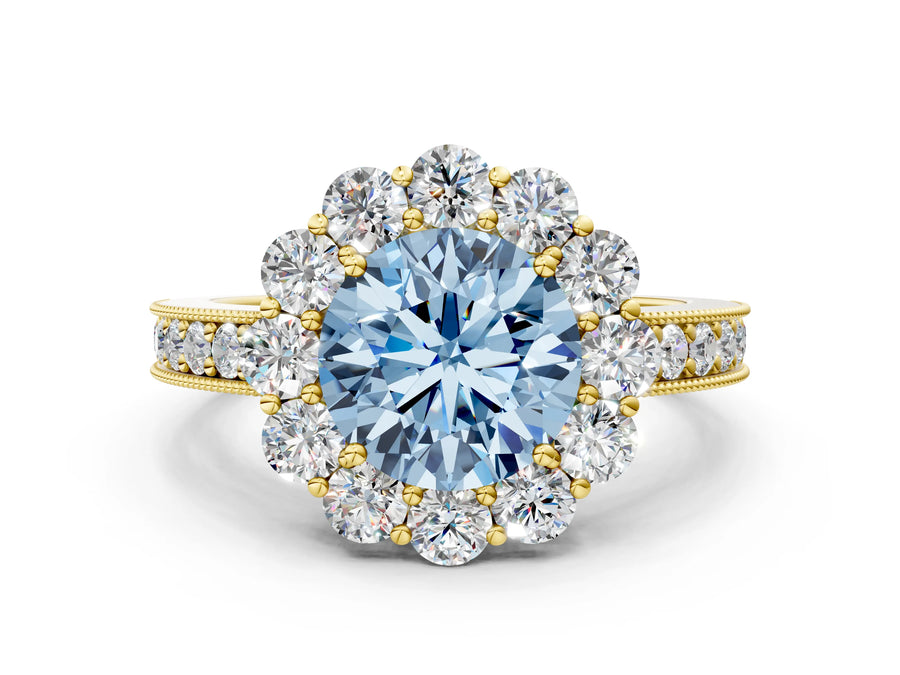 Yellow gold Fancy Blue Round Cut Cut Halo Diamond Pavé Engagement Ring with Milgrain Detailing