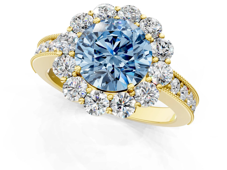 Yellow gold Fancy Blue Round Cut Cut Halo Diamond Pavé Engagement Ring with Milgrain Detailing