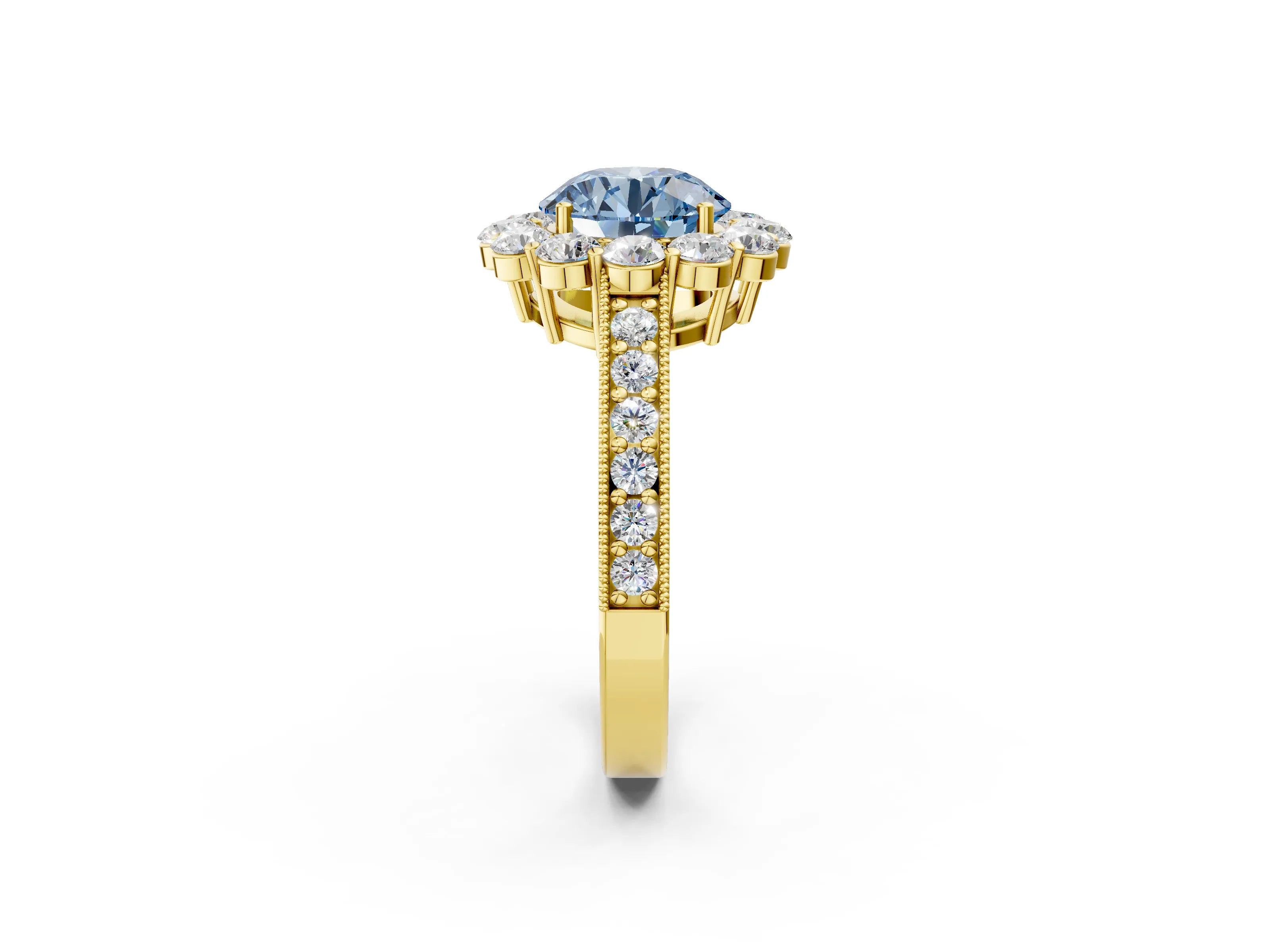 Yellow gold Fancy Blue Round Cut Cut Halo Diamond Pavé Engagement Ring with Milgrain Detailing_2