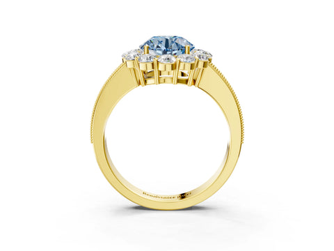 Yellow gold Fancy Blue Round Cut Cut Halo Diamond Pavé Engagement Ring with Milgrain Detailing_3