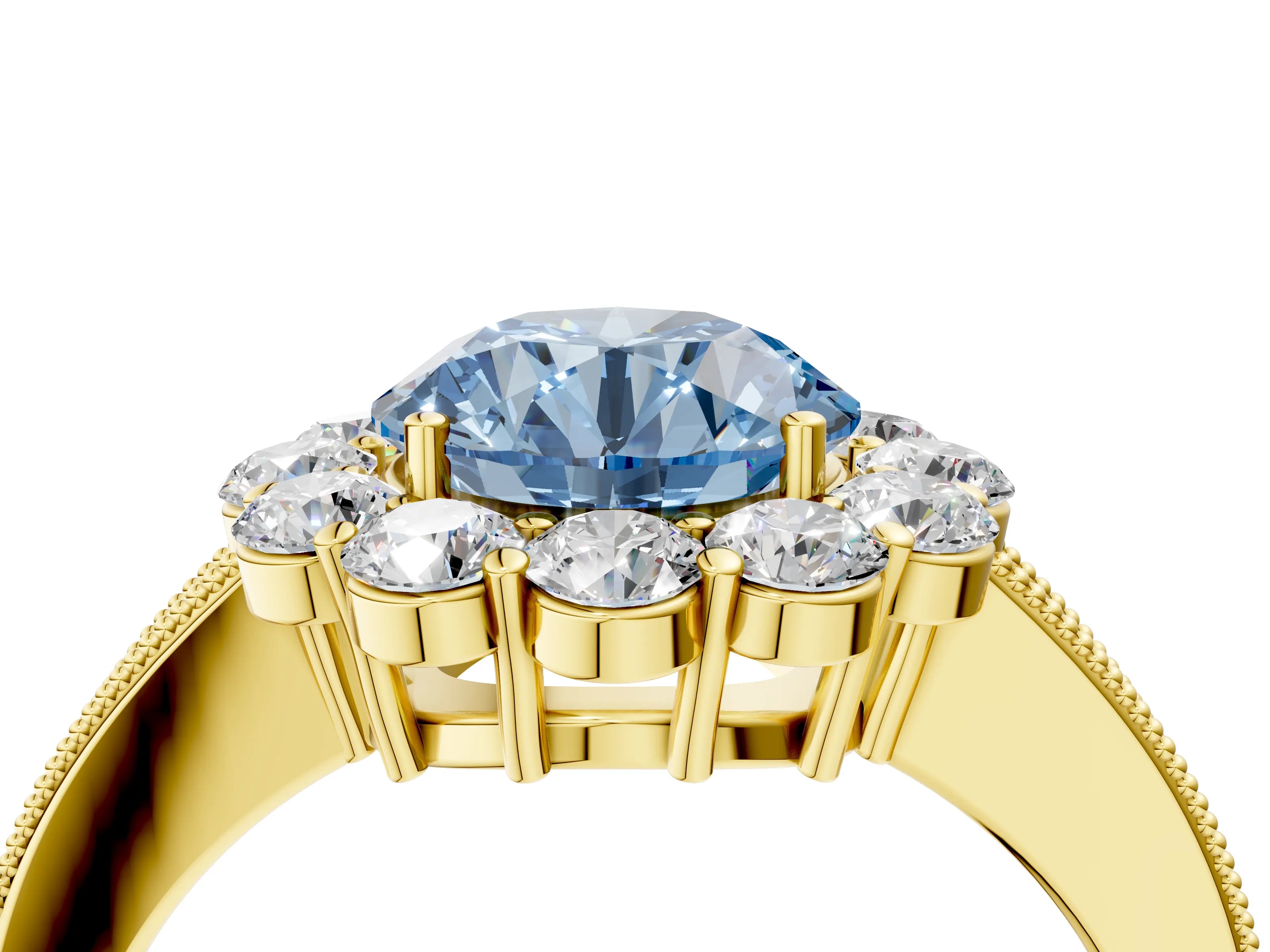 Yellow gold Fancy Blue Round Cut Cut Halo Diamond Pavé Engagement Ring with Milgrain Detailing_4