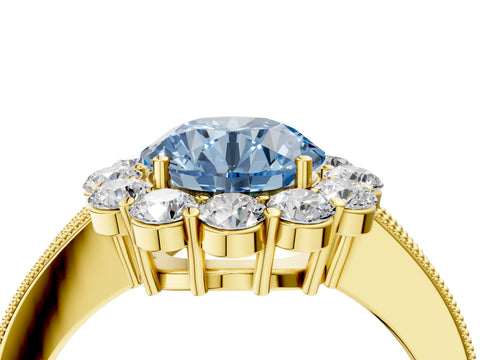 Yellow gold Fancy Blue Round Cut Cut Halo Diamond Pavé Engagement Ring with Milgrain Detailing_4