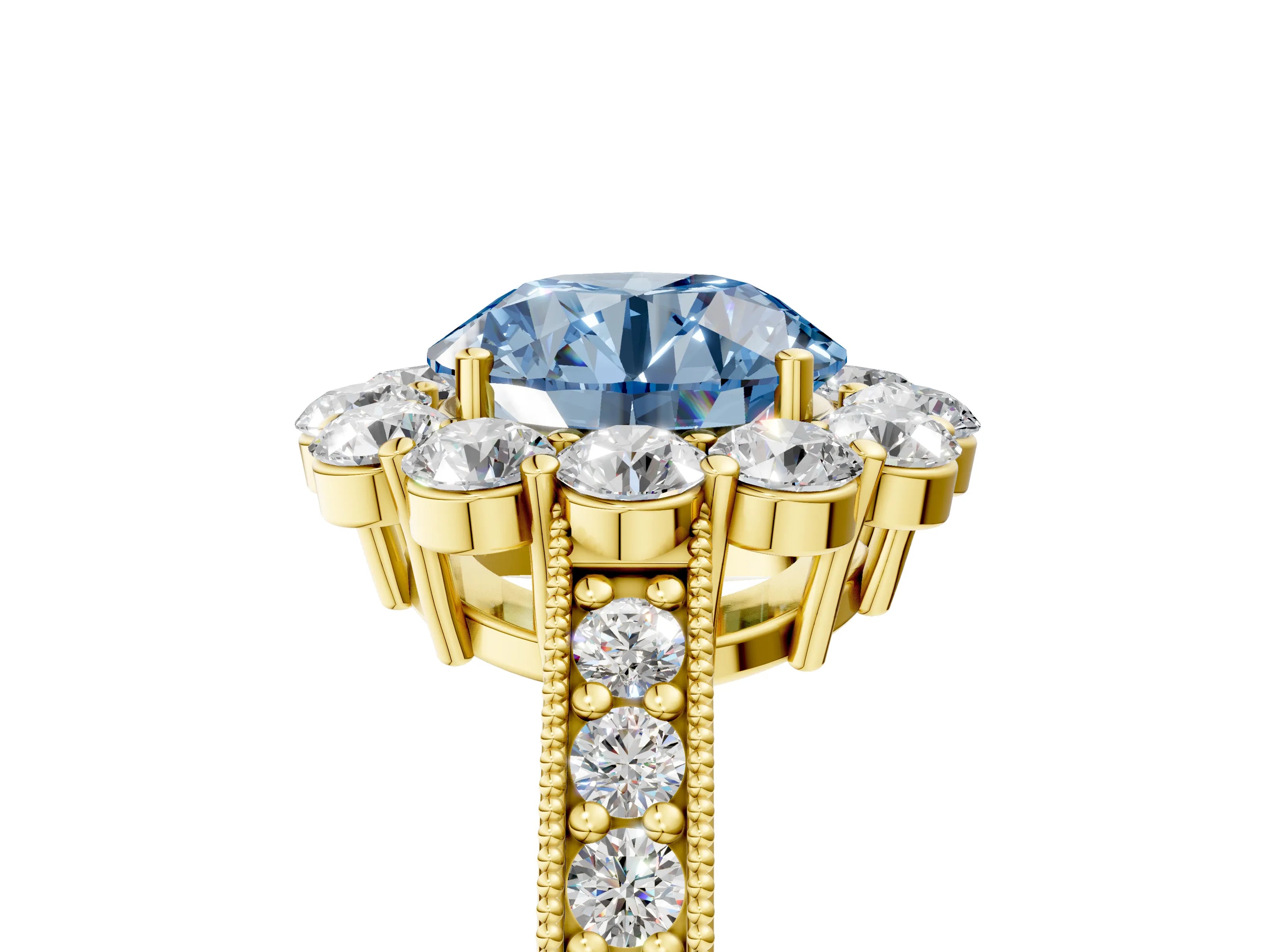 Yellow gold Fancy Blue Round Cut Cut Halo Diamond Pavé Engagement Ring with Milgrain Detailing_5