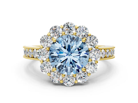 Yellow gold Fancy Blue Round Cut Cut Halo Diamond Pavé Engagement Ring with Milgrain Detailing