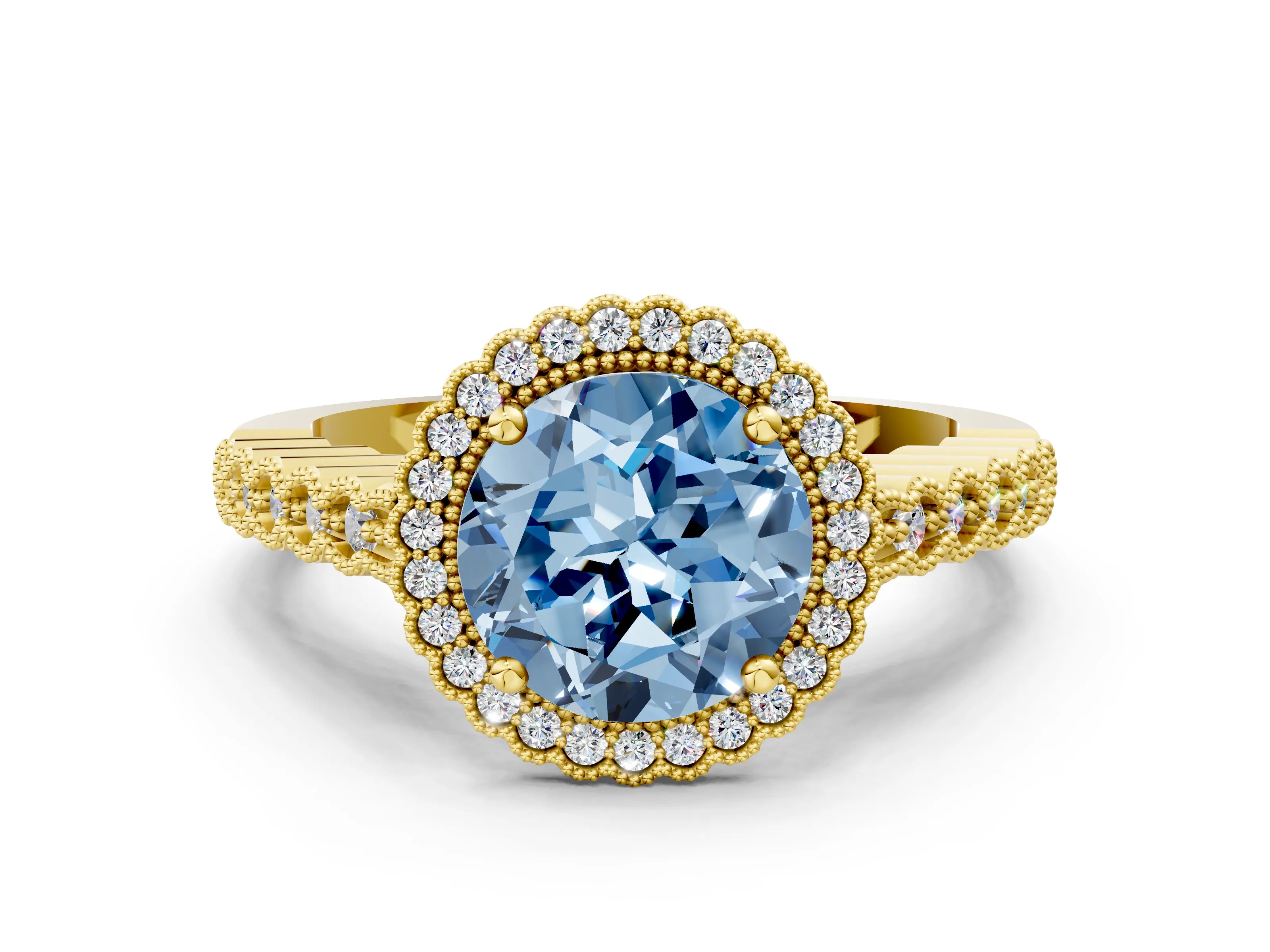 Yellow gold Fancy Blue Round Cut Cut Halo Pavé Solitaire Ring with Milgrain Band