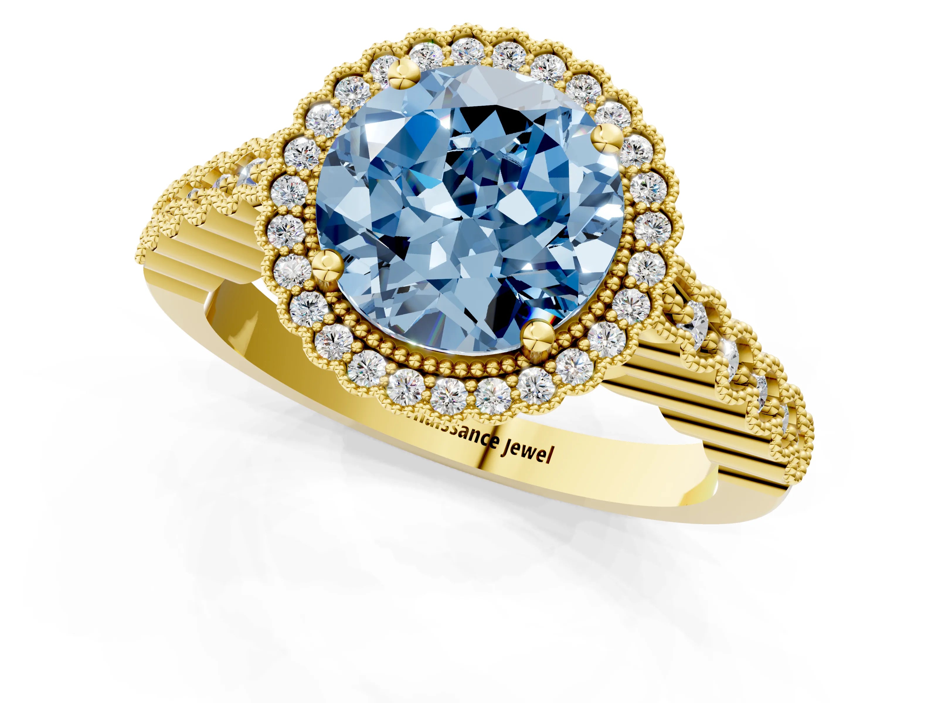 Yellow gold Fancy Blue Round Cut Cut Halo Pavé Solitaire Ring with Milgrain Band_1