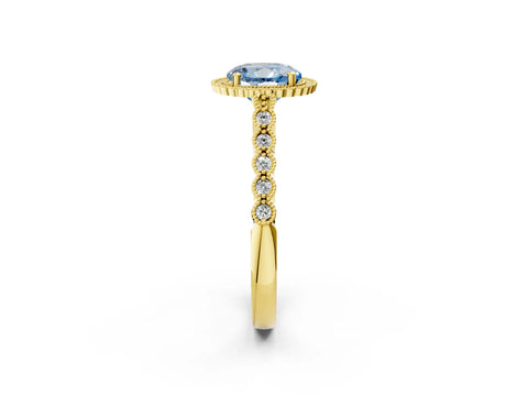 Yellow gold Fancy Blue Round Cut Cut Halo Pavé Solitaire Ring with Milgrain Band_2