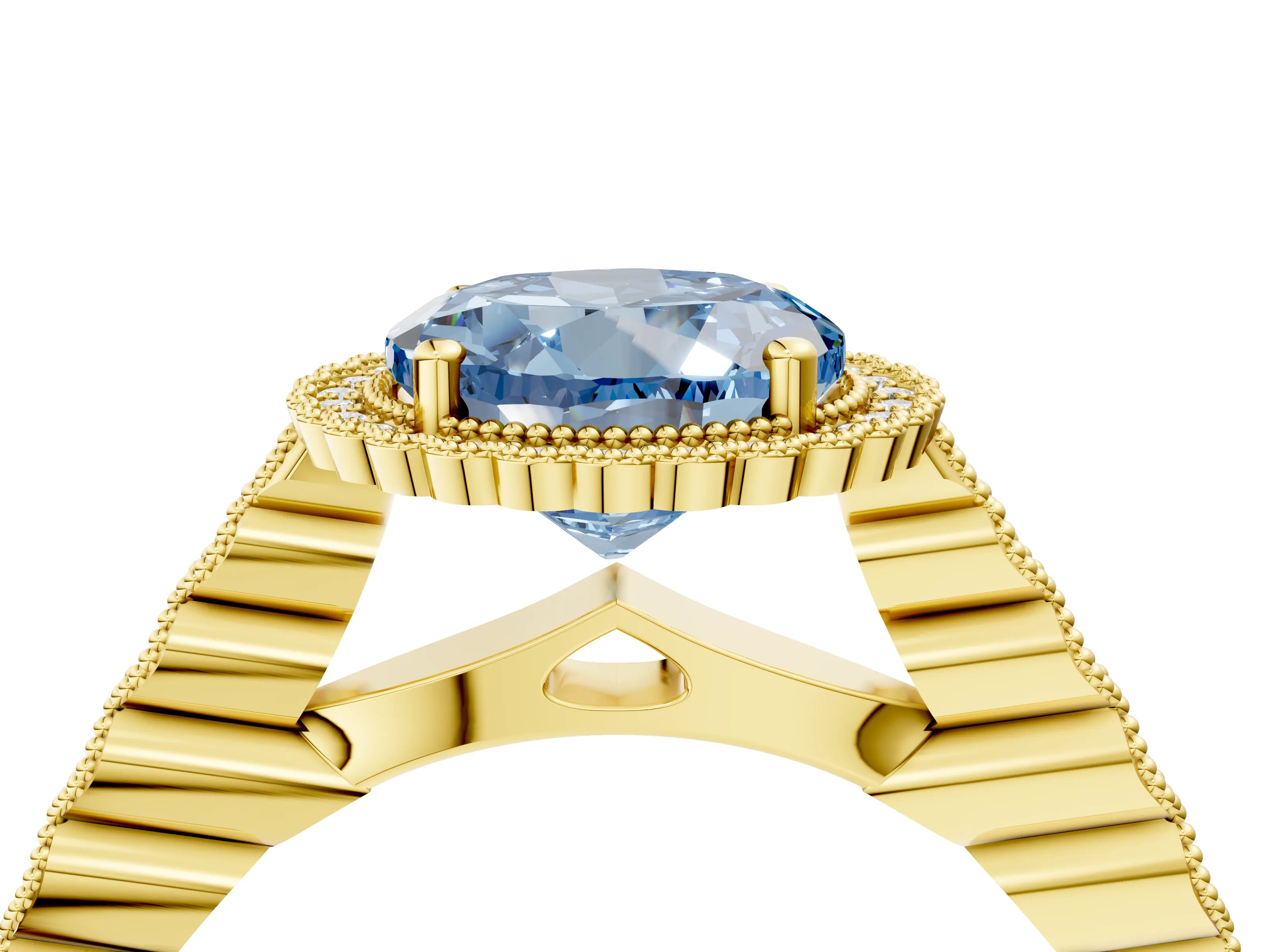 Yellow gold Fancy Blue Round Cut Cut Halo Pavé Solitaire Ring with Milgrain Band_4