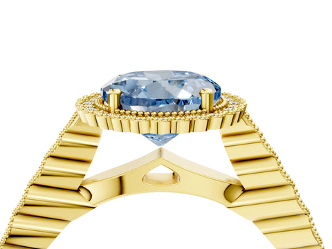 Yellow gold Fancy Blue Round Cut Cut Halo Pavé Solitaire Ring with Milgrain Band_4