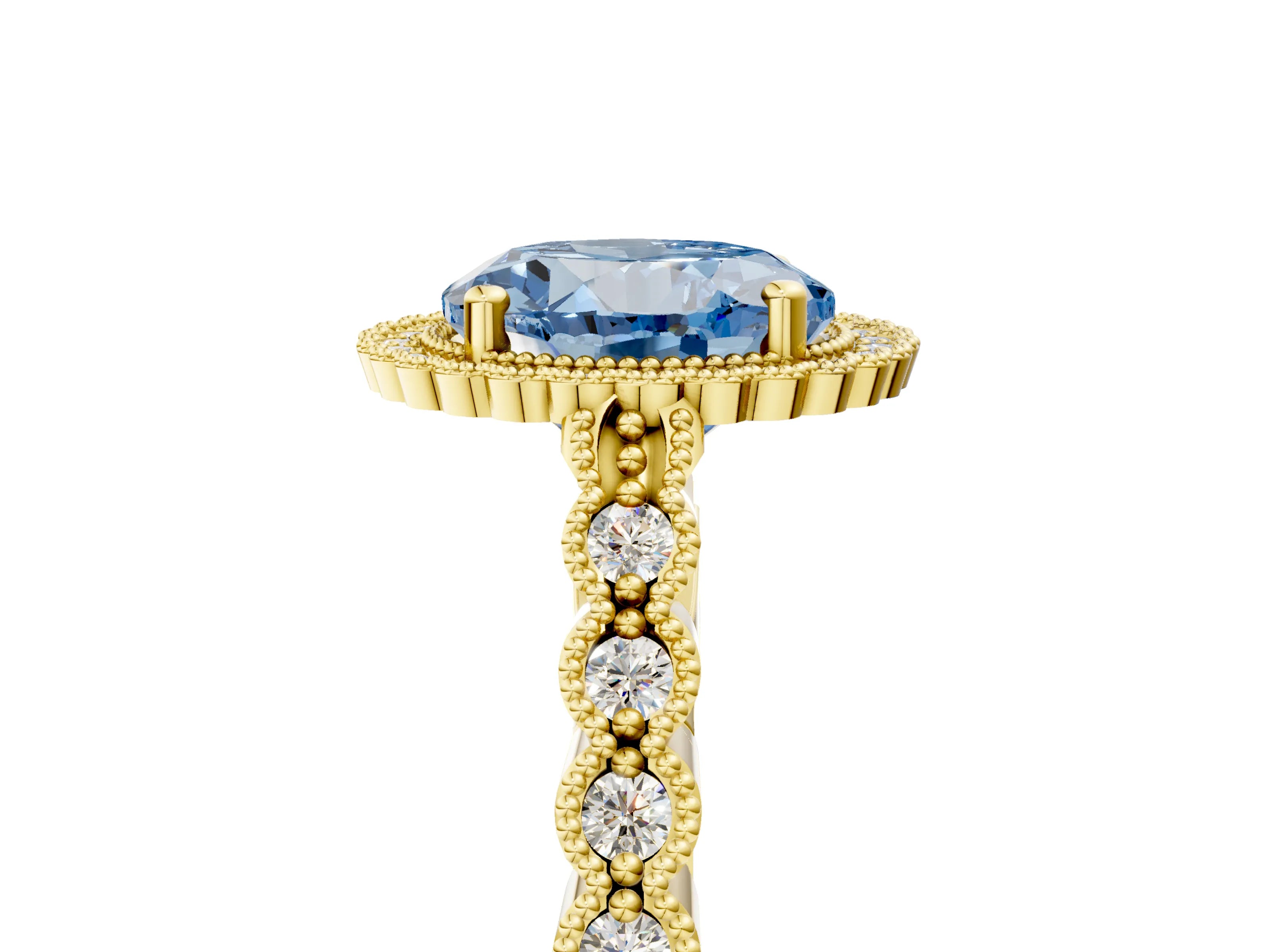 Yellow gold Fancy Blue Round Cut Cut Halo Pavé Solitaire Ring with Milgrain Band_5