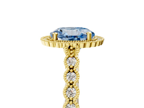 Yellow gold Fancy Blue Round Cut Cut Halo Pavé Solitaire Ring with Milgrain Band_5
