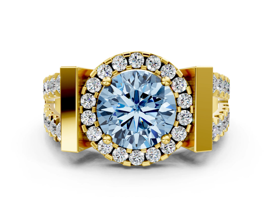 Yellow gold Fancy Blue Round Cut Cut Halo Split Shank Prong Set Ring