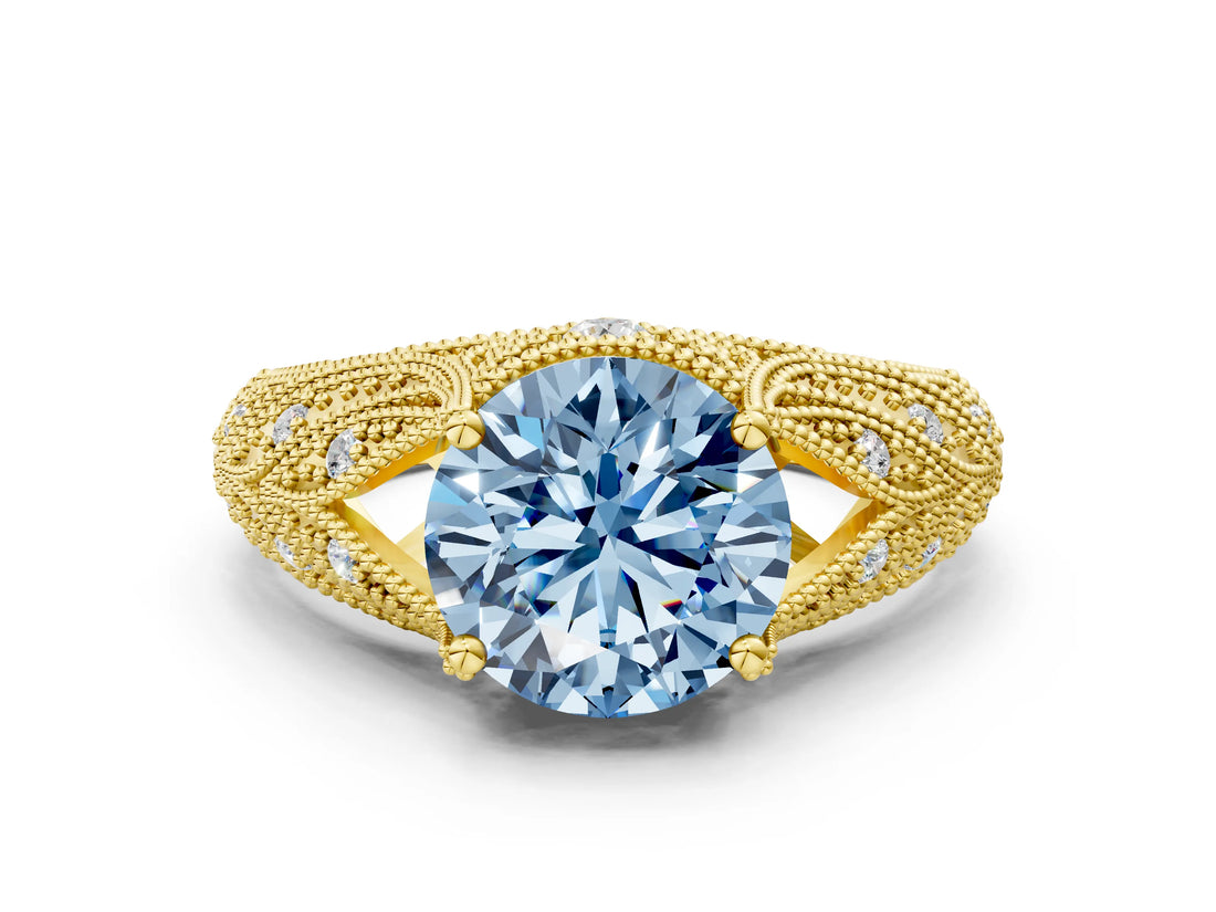 Yellow gold Fancy Blue Round Cut Cut Milgrain Pave Diamond Engagement Ring with Four-Prong Setting_3