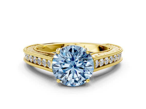Yellow gold Fancy Blue Round Cut Cut Pave Band Milgrain Solitaire Ring