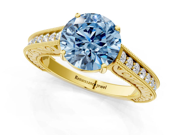 Yellow gold Fancy Blue Round Cut Cut Pave Band Milgrain Solitaire Ring