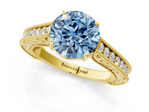 Yellow gold Fancy Blue Round Cut Cut Pave Band Milgrain Solitaire Ring_1