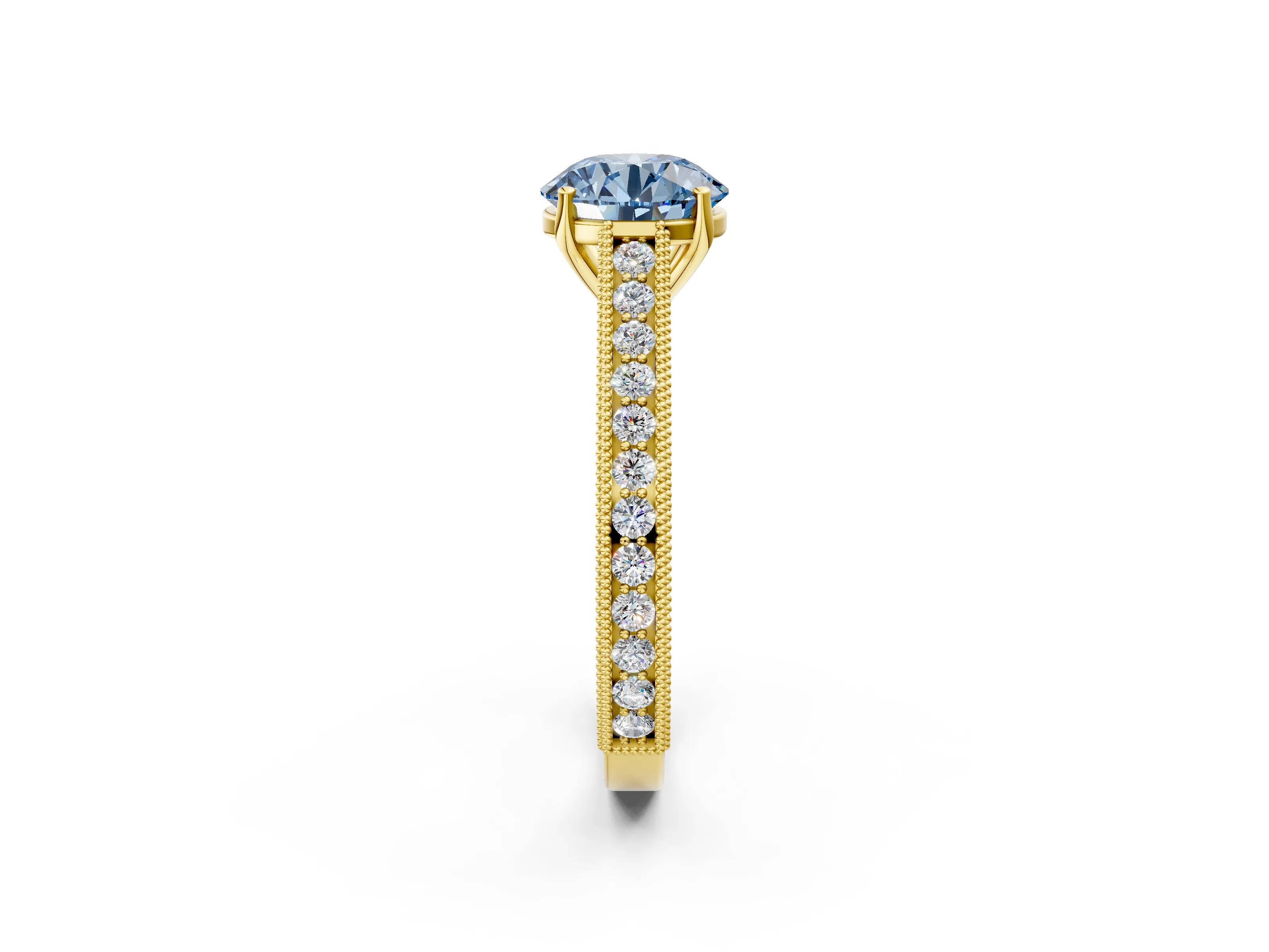 Yellow gold Fancy Blue Round Cut Cut Pave Band Milgrain Solitaire Ring_2