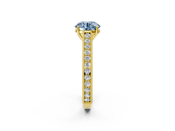 Yellow gold Fancy Blue Round Cut Cut Pave Band Milgrain Solitaire Ring