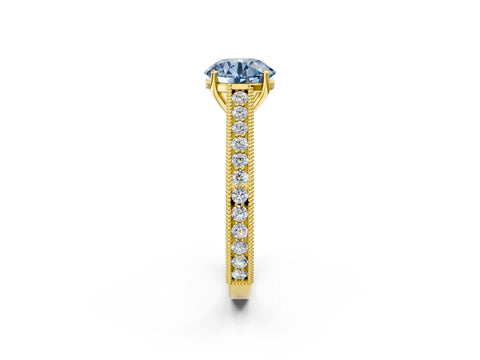 Yellow gold Fancy Blue Round Cut Cut Pave Band Milgrain Solitaire Ring_2