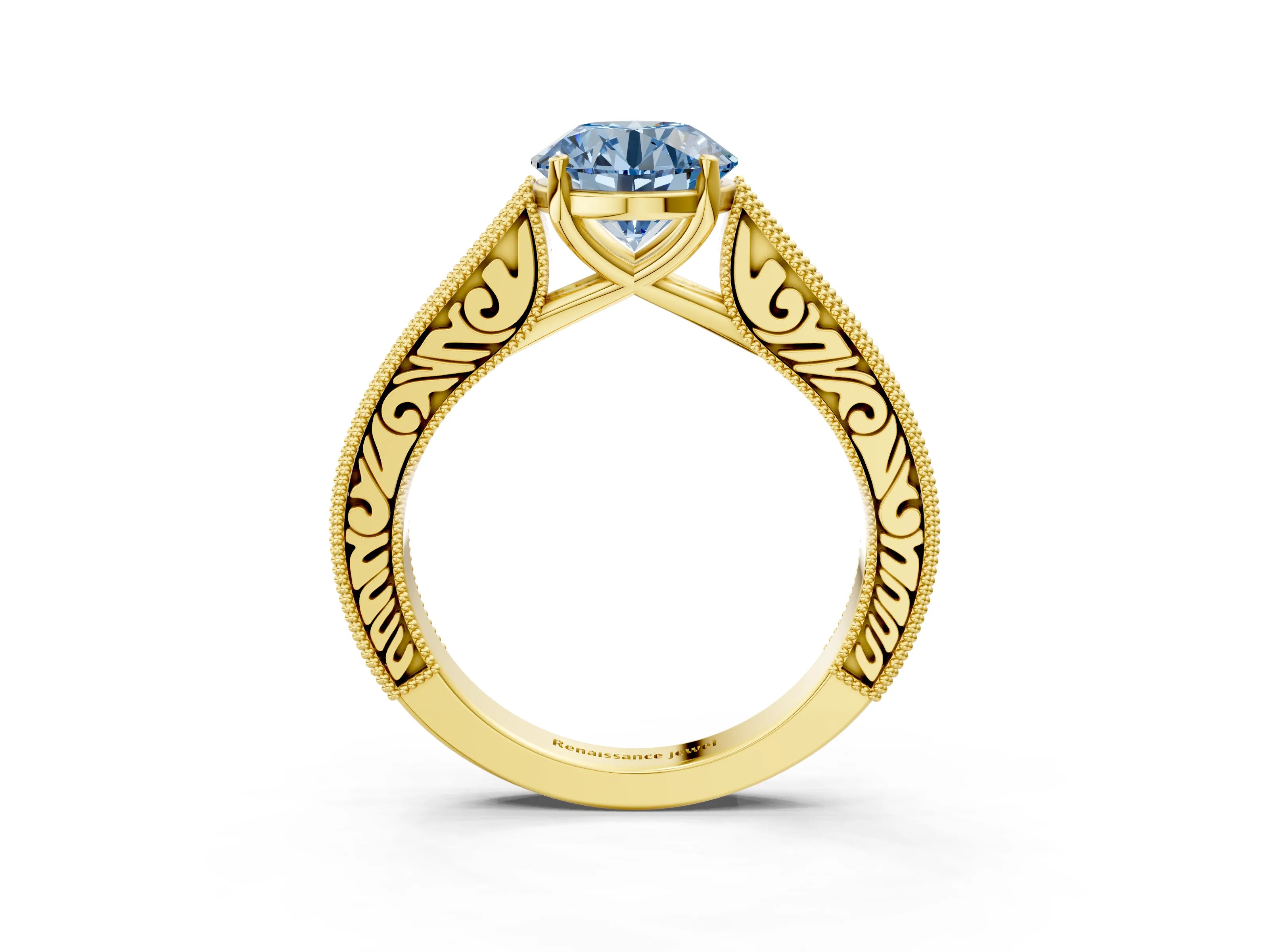 Yellow gold Fancy Blue Round Cut Cut Pave Band Milgrain Solitaire Ring_3
