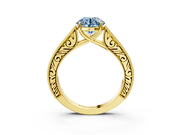 Yellow gold Fancy Blue Round Cut Cut Pave Band Milgrain Solitaire Ring