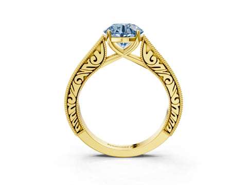 Yellow gold Fancy Blue Round Cut Cut Pave Band Milgrain Solitaire Ring_3