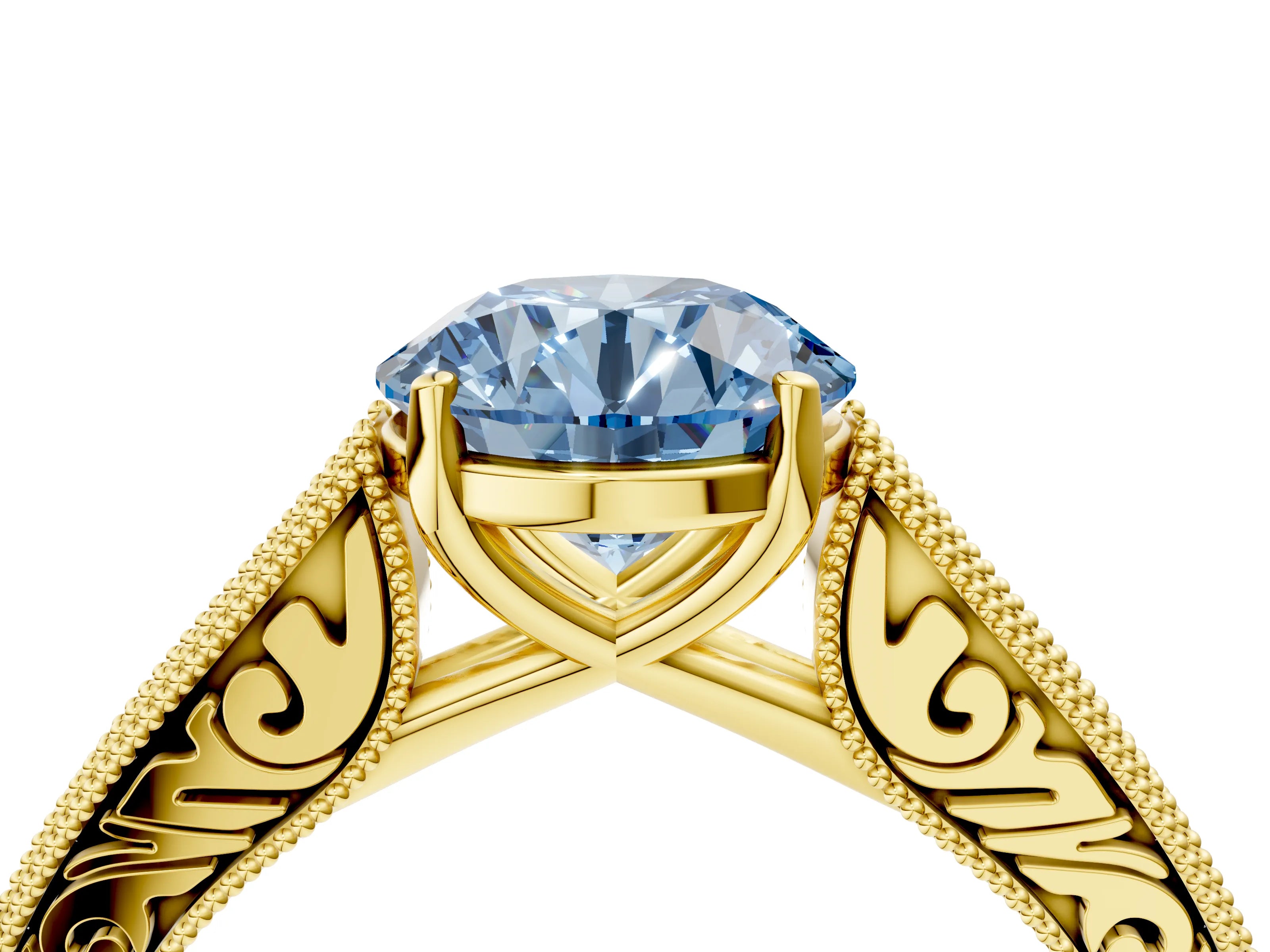 Yellow gold Fancy Blue Round Cut Cut Pave Band Milgrain Solitaire Ring_4