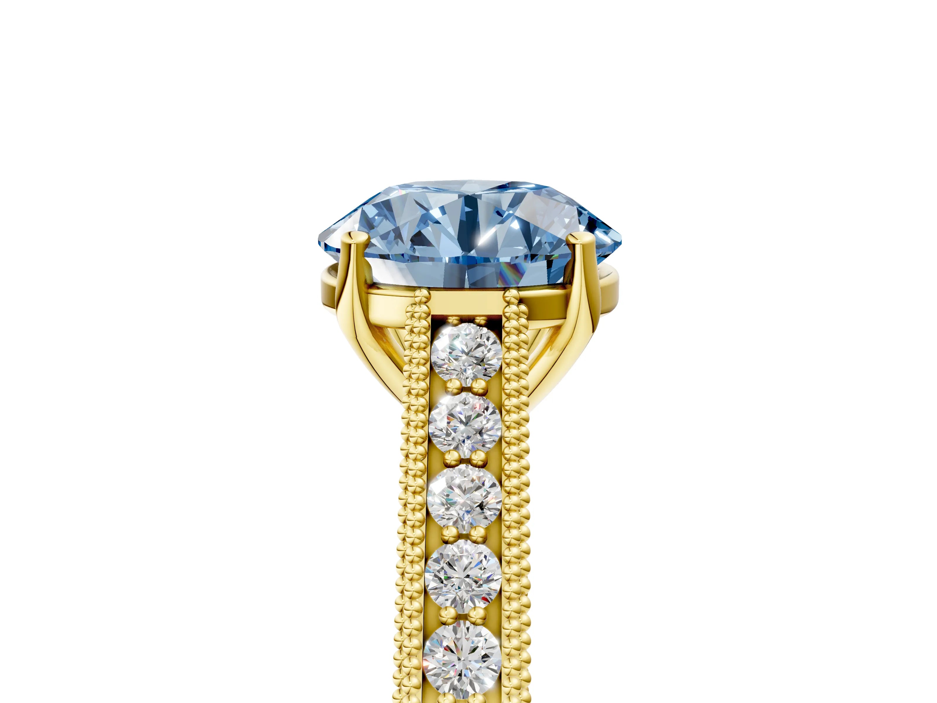 Yellow gold Fancy Blue Round Cut Cut Pave Band Milgrain Solitaire Ring_5