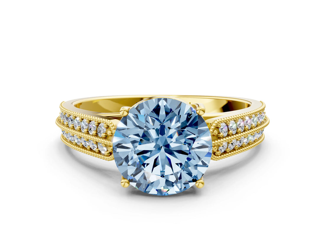 Yellow gold Fancy Blue Round Cut Cut Pave Split Shank Engagement Ring with Four-Prong Setting
