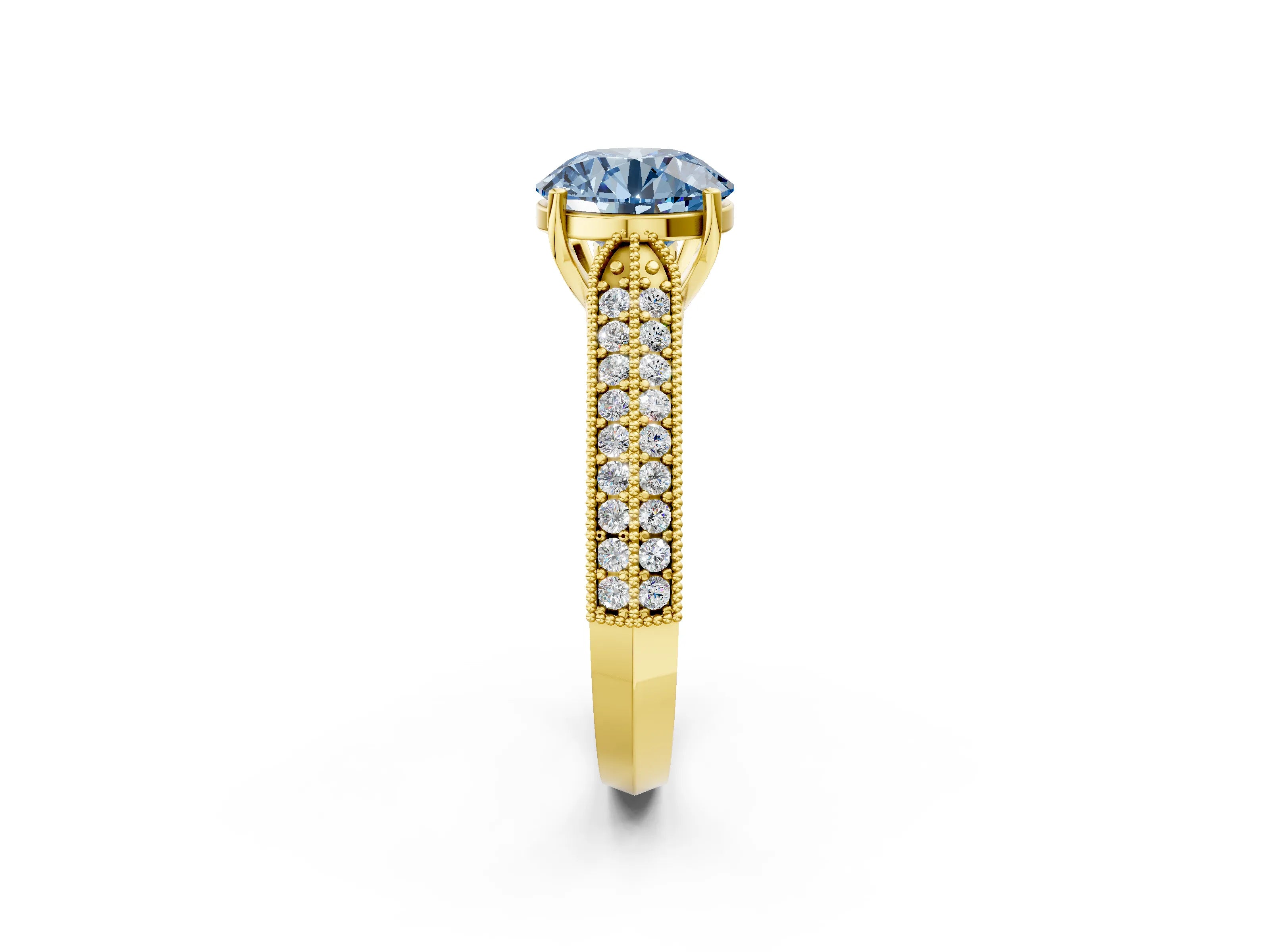 Yellow gold Fancy Blue Round Cut Cut Pave Split Shank Engagement Ring with Four-Prong Setting_2