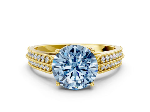 Yellow gold Fancy Blue Round Cut Cut Pave Split Shank Engagement Ring with Four-Prong Setting