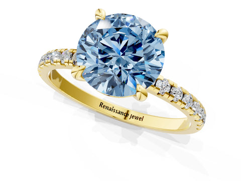 Yellow gold Fancy Blue Round Cut Diamond Brilliant Solitaire Ring with Pavé Band and Four-Prong Setting_1