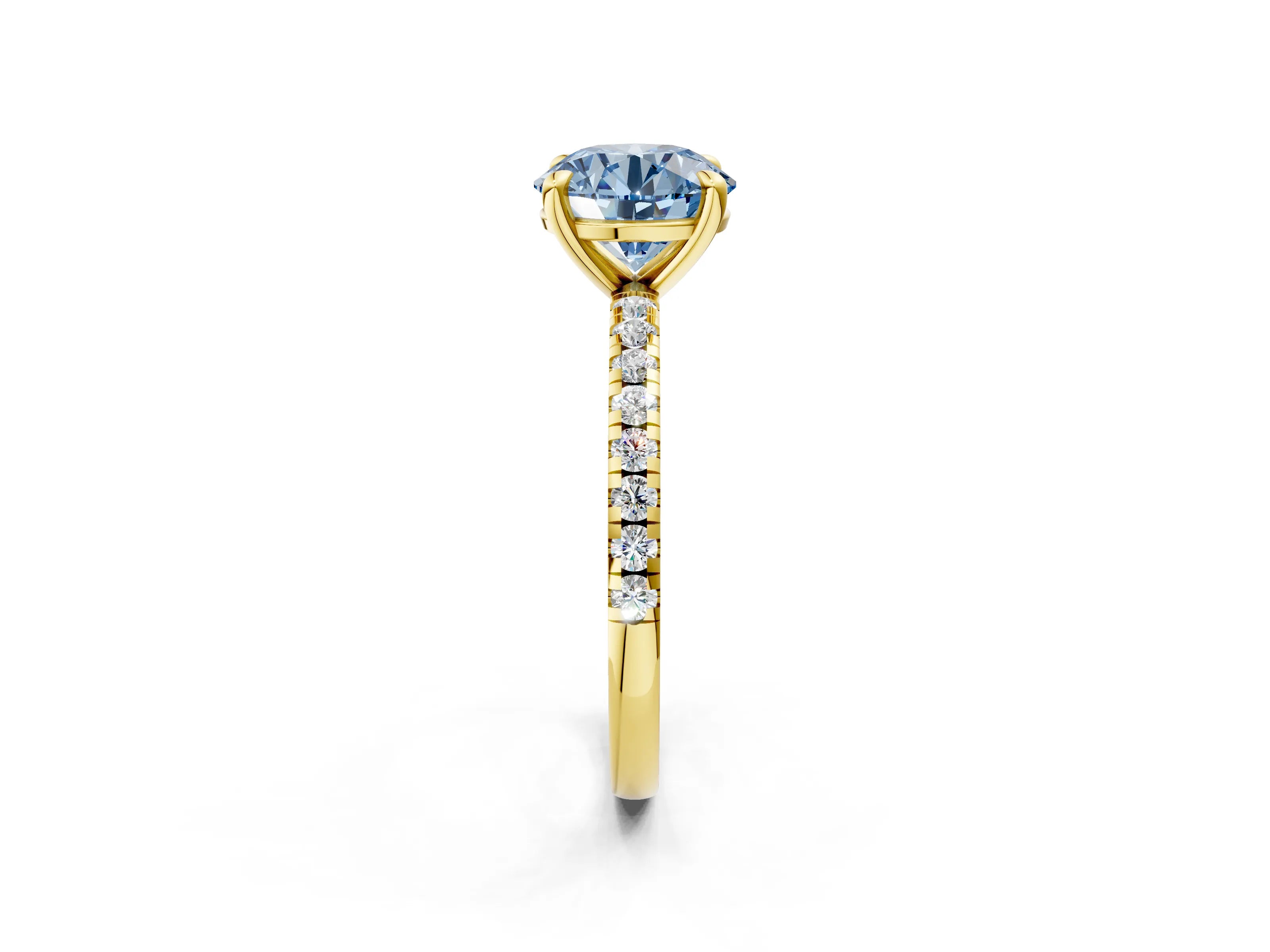Yellow gold Fancy Blue Round Cut Diamond Brilliant Solitaire Ring with Pavé Band and Four-Prong Setting_2
