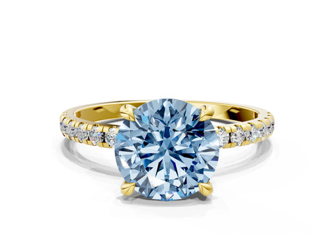 Yellow gold Fancy Blue Round Cut Diamond Brilliant Solitaire Ring with Pavé Band and Four-Prong Setting